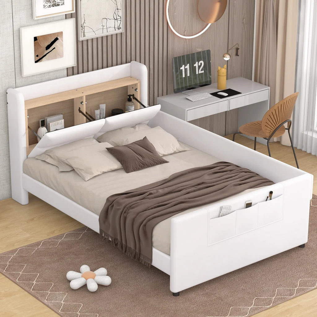 Twin Size Upholstered Platform Bed with Guardrail and Storage Headboard B214