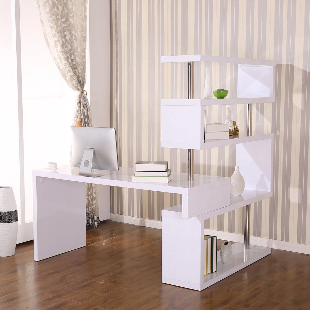 White 4 Tier L-Shaped Computer Desk with Shelves P649