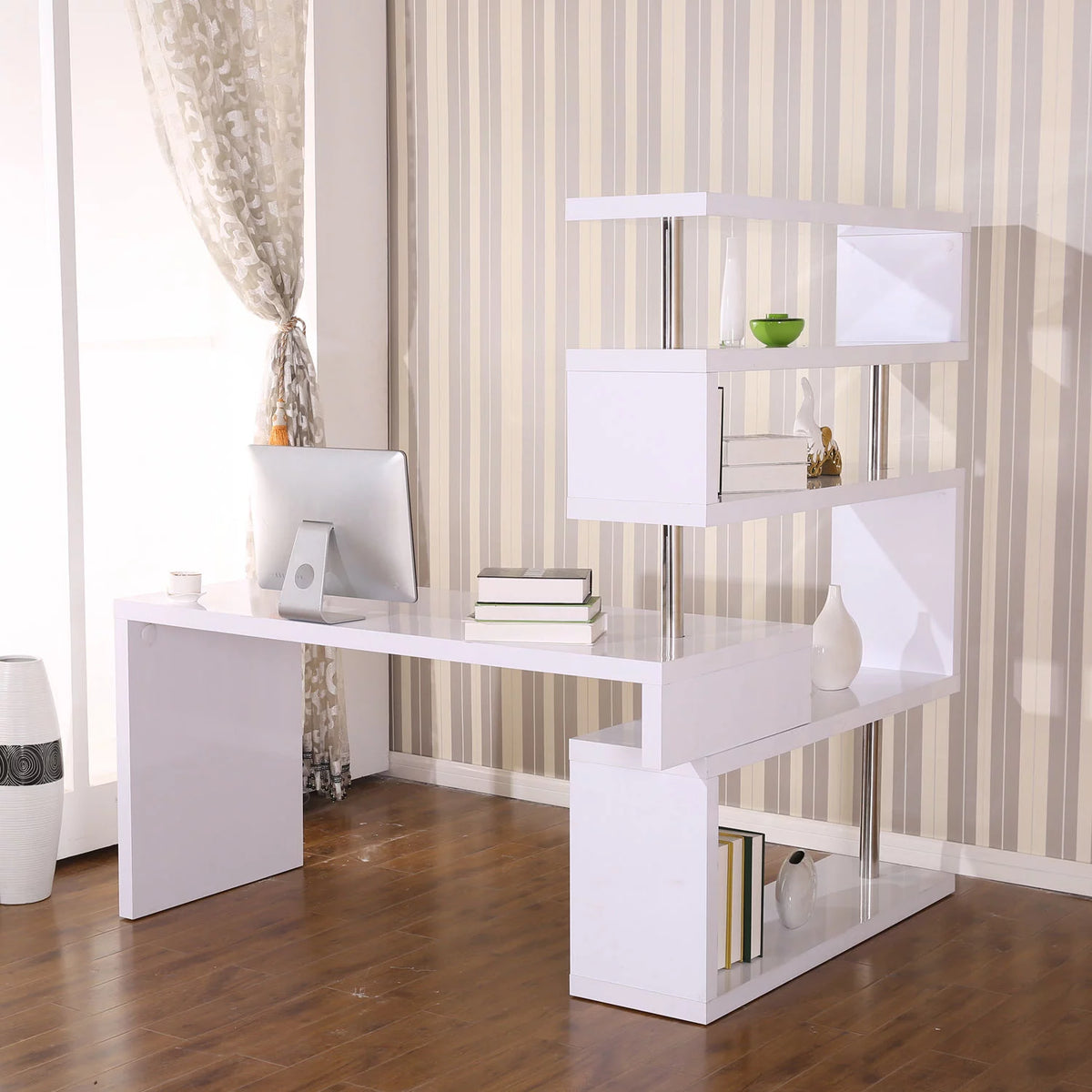 White 4 Tier L-Shaped Computer Desk with Shelves P649