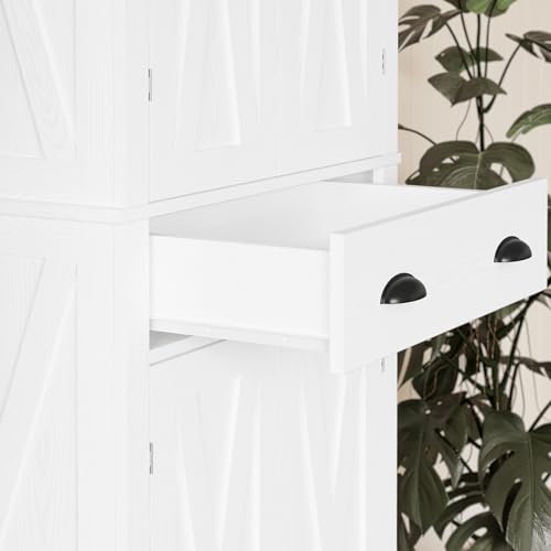 White Kitchen Pantry Storage Cabinet with Barn Doors, Drawer, 4 Adjustable Shelves W300394