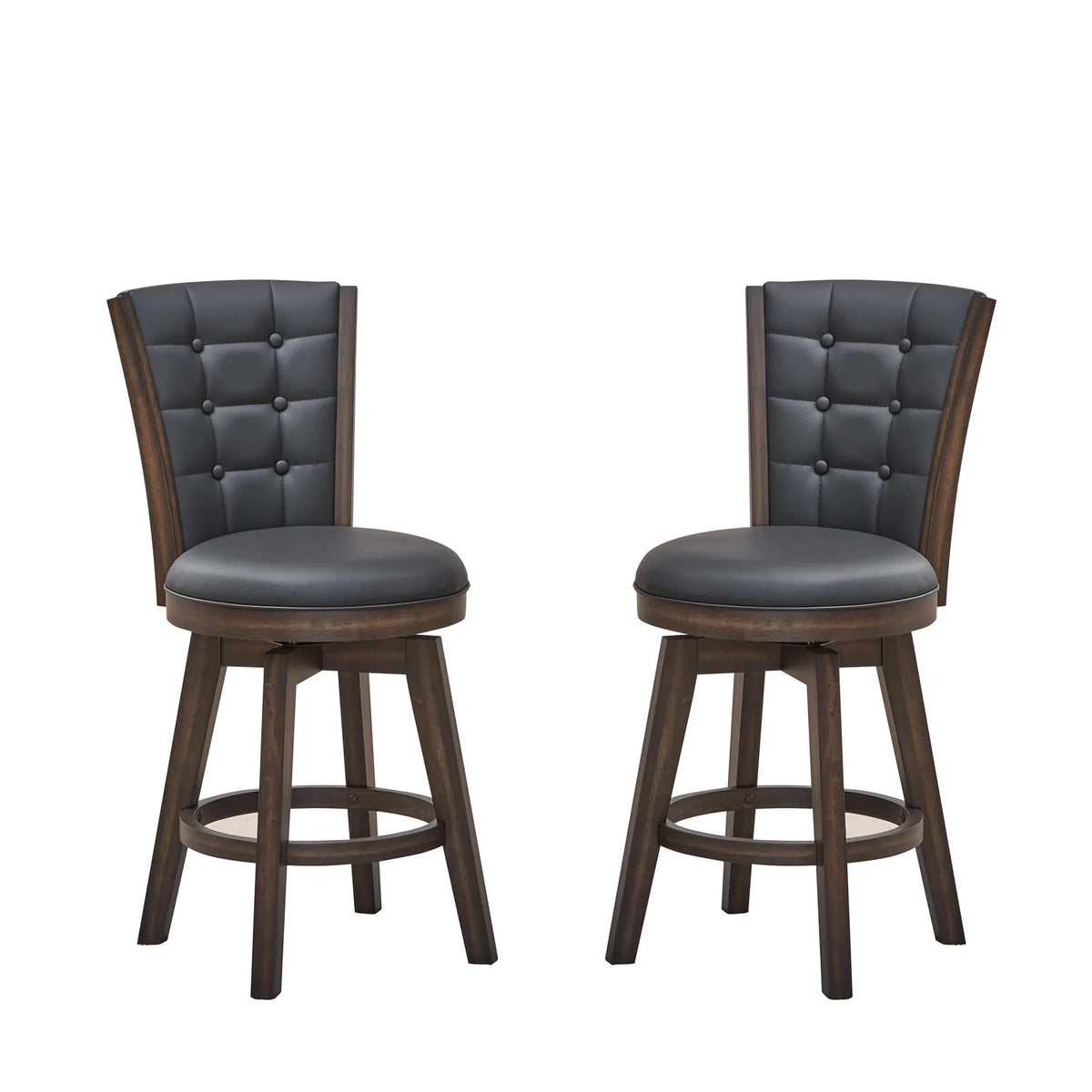 24" Swivel Counter Stool Charcoal Black Faux Leather Set of 2 R1408