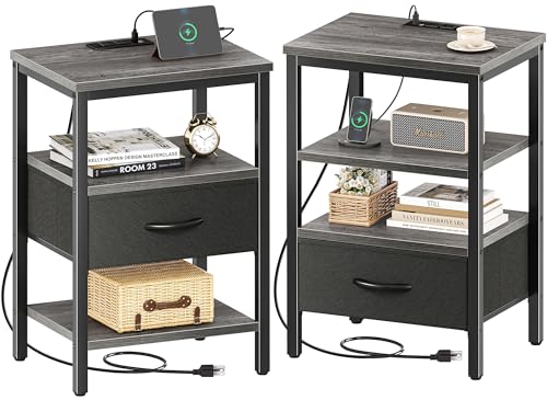 Rustic Brown and Black Nightstand with Charging Station E7839