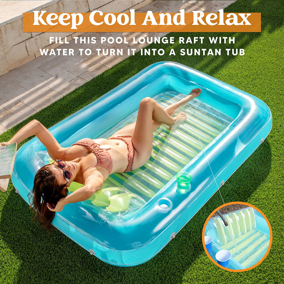 Inflatable Tanning Pool Lounger Float 70" x 46" with Pillow Blue W43532