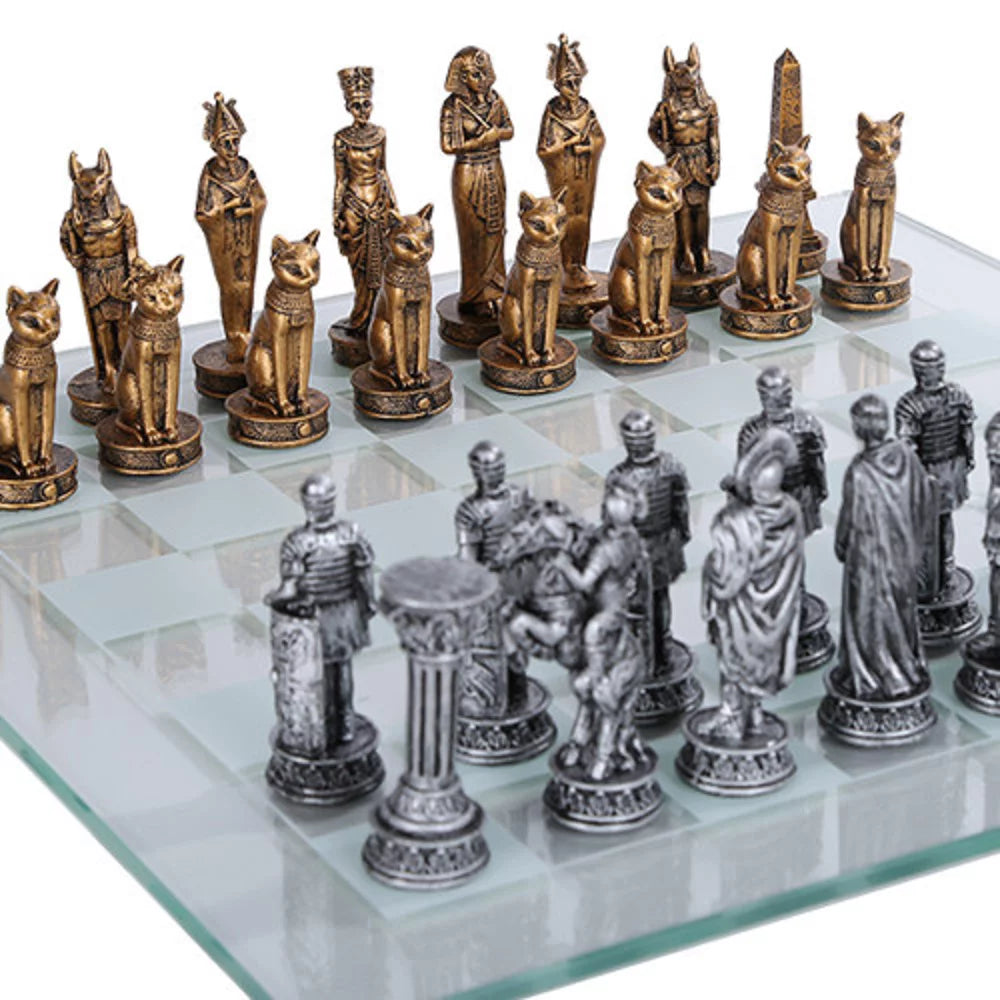 Egyptian vs Roman Chess Set with Glass Board E5027