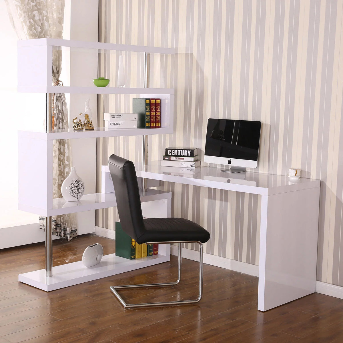 White 4 Tier L-Shaped Computer Desk with Shelves P649