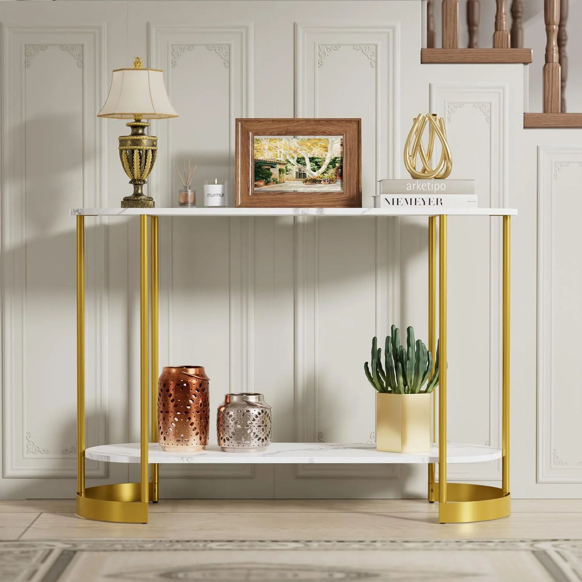 Gold 2-Tier Faux Marble Console Table N620131