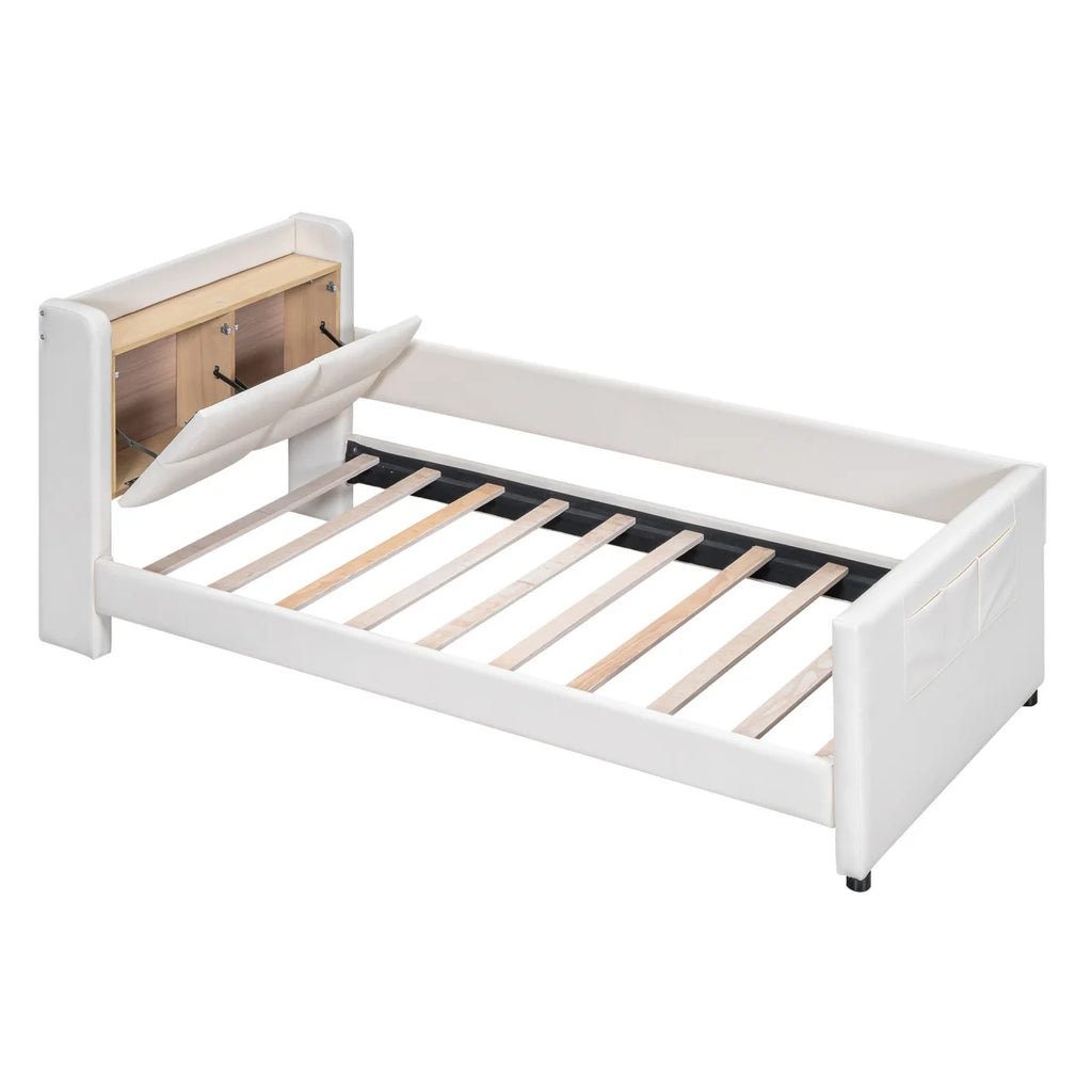 Twin Size Upholstered Platform Bed with Guardrail and Storage Headboard B214