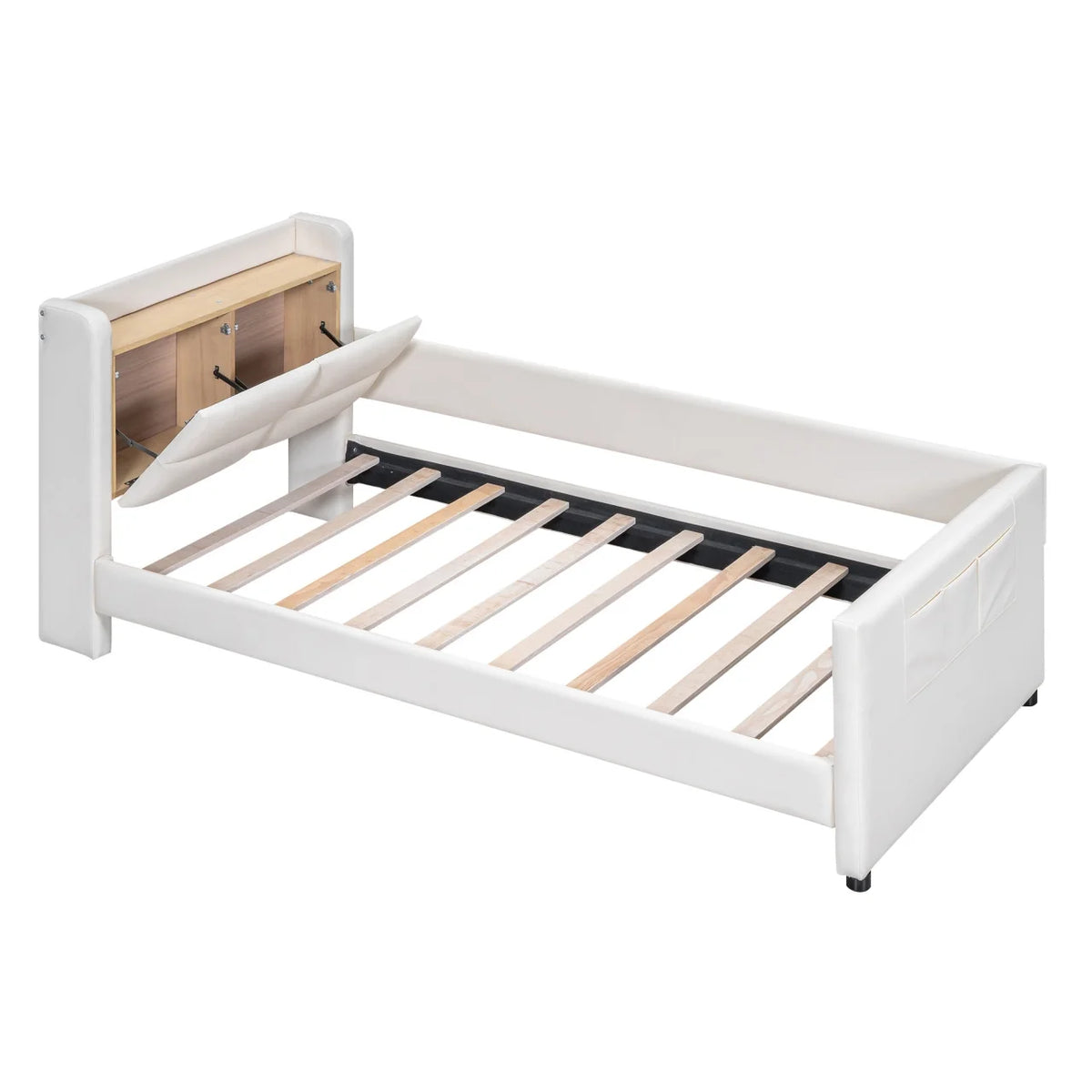 Twin Size Upholstered Platform Bed with Guardrail and Storage Headboard B214