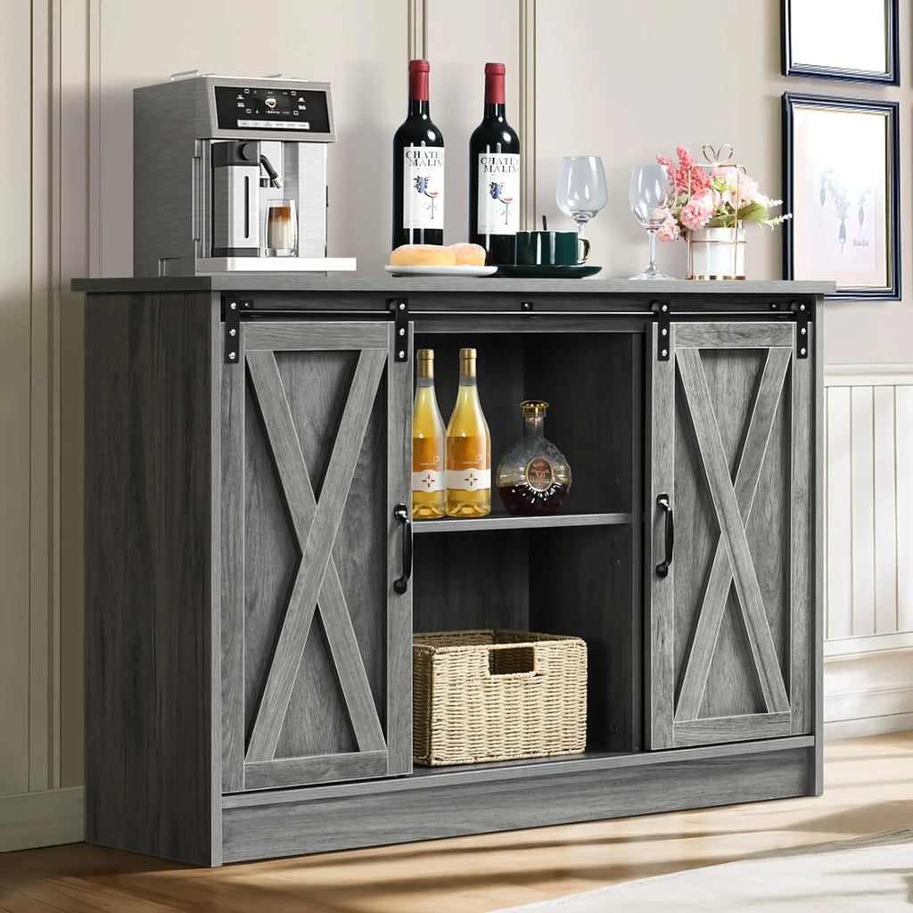 Wash Gray Coffee Bar Cabinet with Sliding Barn Doors S1146