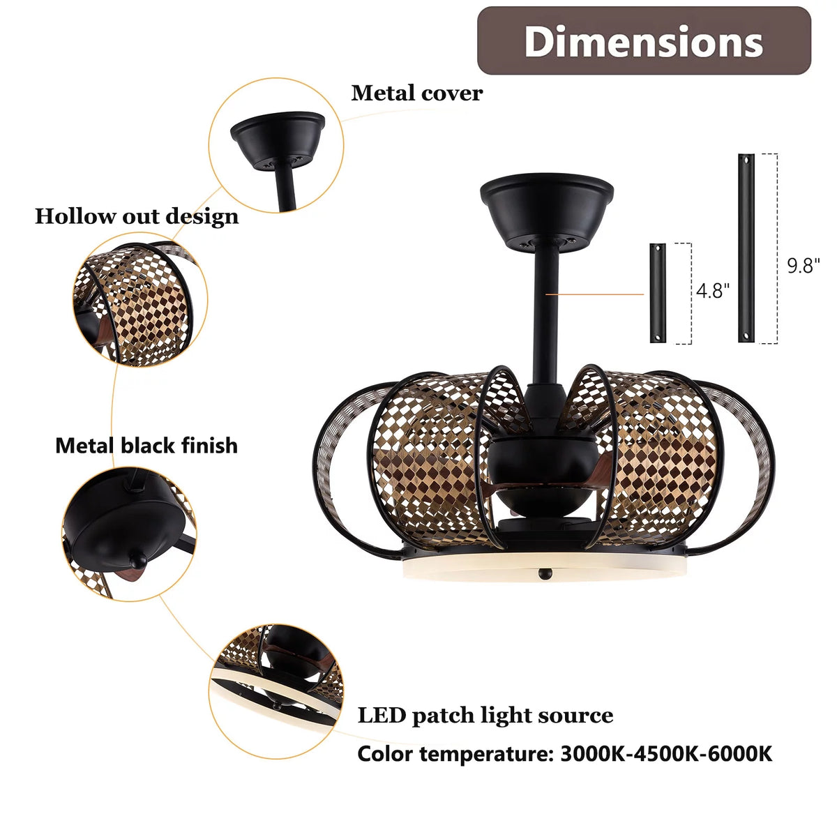 19'' Black Ceiling Fan with Light and Remote Control A497