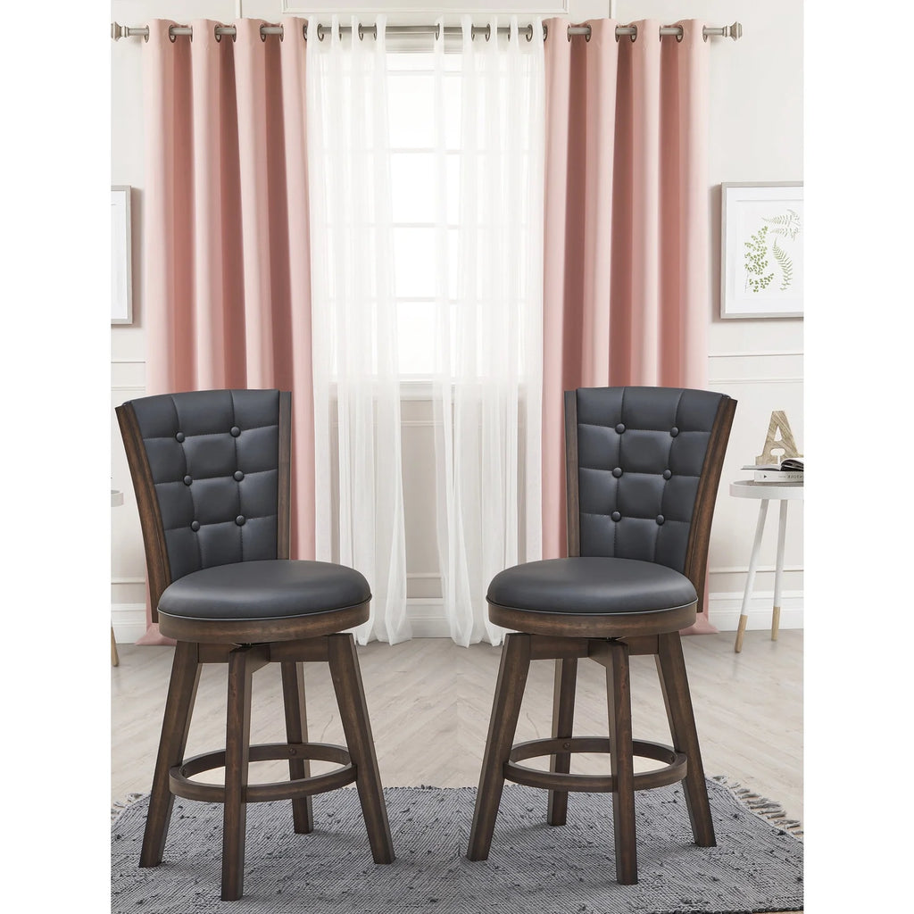 24" Swivel Counter Stool Charcoal Black Faux Leather Set of 2 R1408