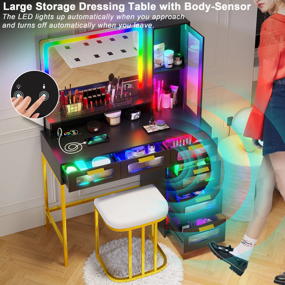 Black Vanity Set with 6 Drawers and Stool F5511