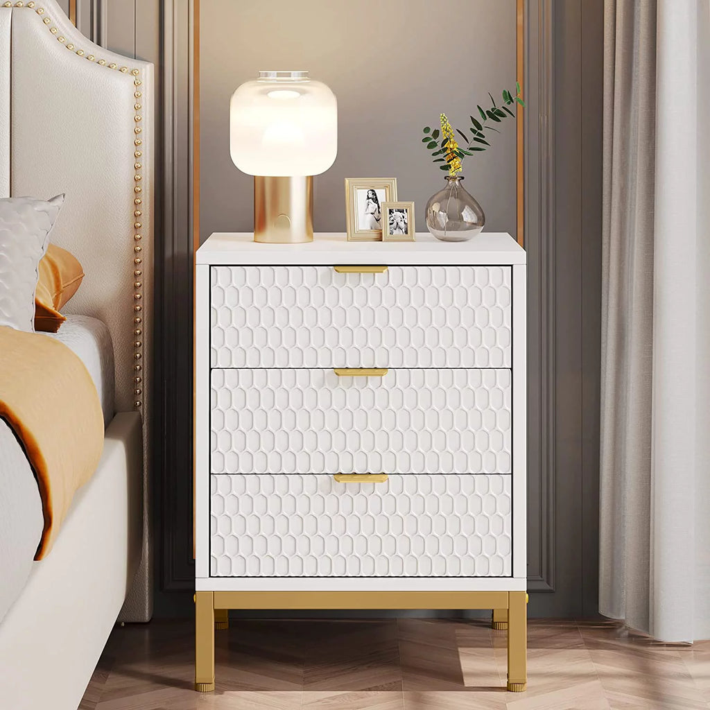 White and Gold 3 Drawer Nightstand R760303
