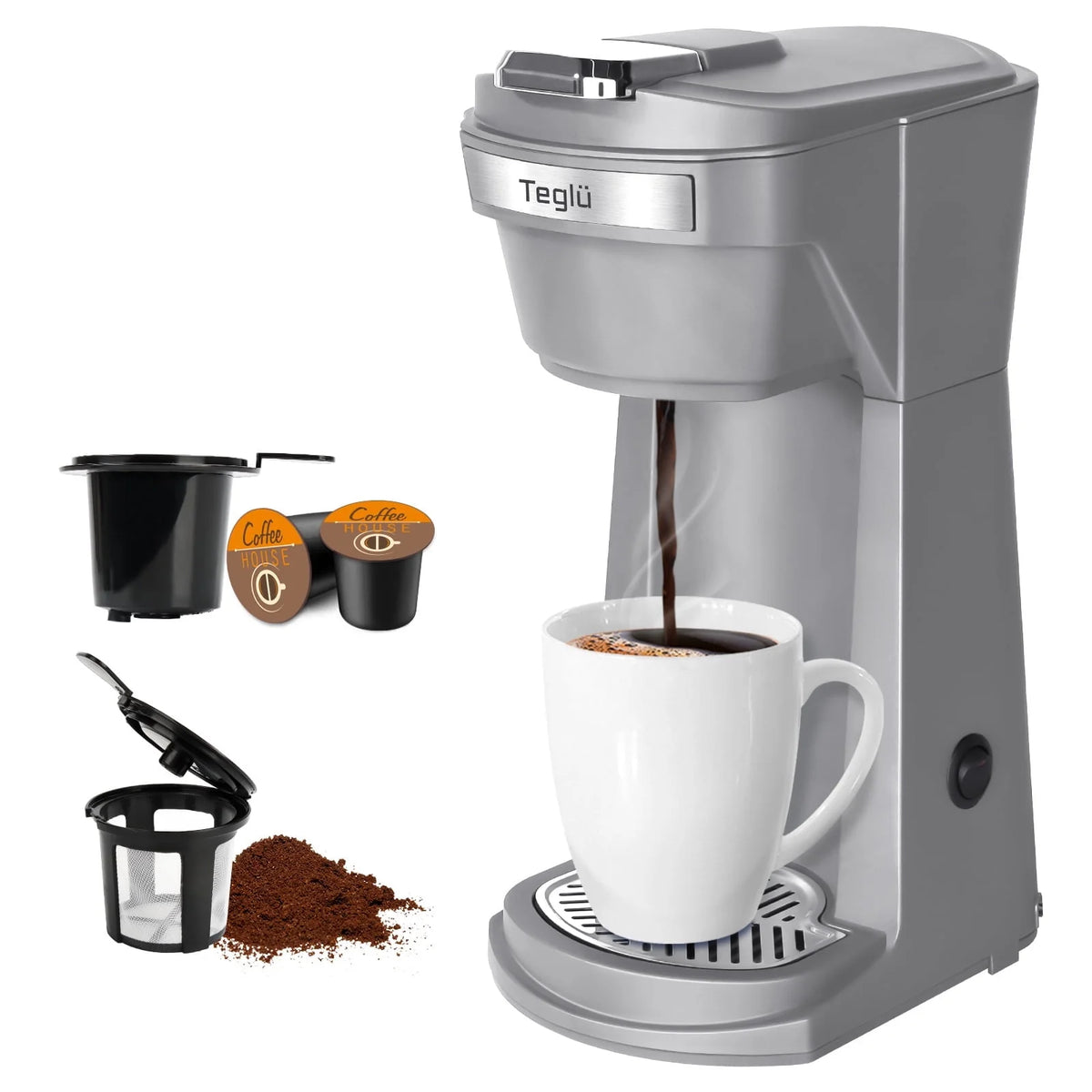 2 in 1 Single Serve Coffee Maker with Reusable Filters, Red Q103