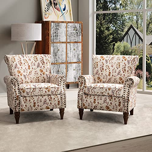 Blue Floral Pattern Upholstered Accent Chair with Wood Legs I214