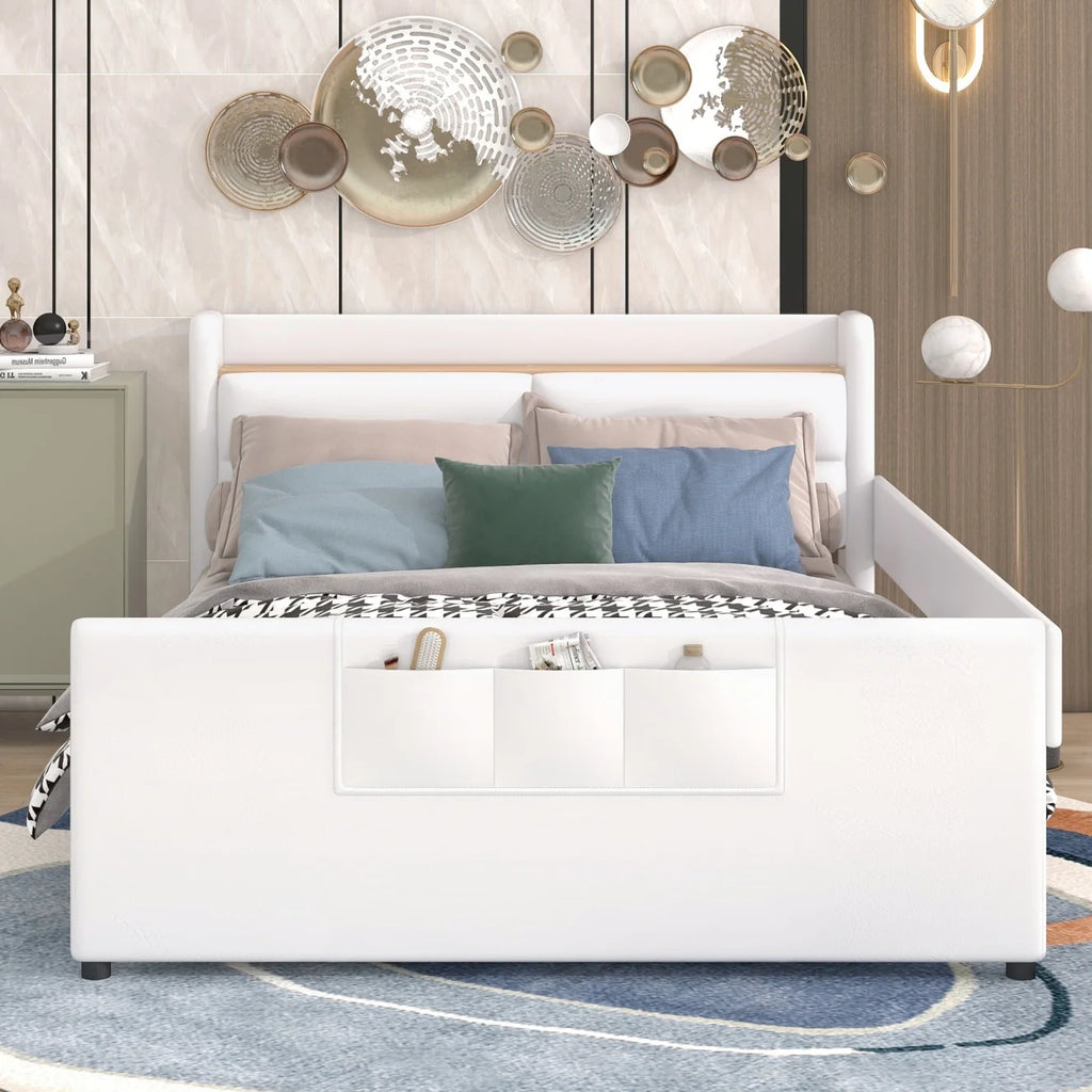 Twin Size Upholstered Platform Bed with Guardrail and Storage Headboard B214