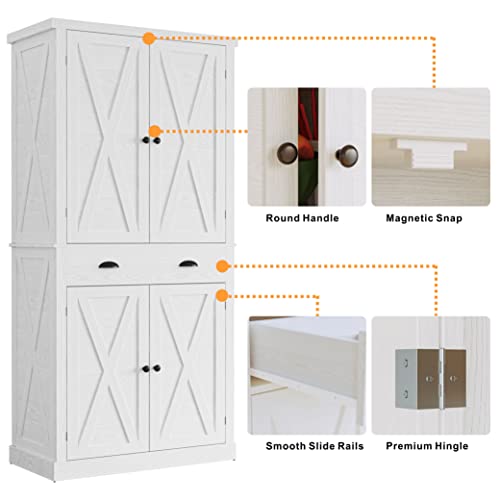 White Kitchen Pantry Storage Cabinet with Barn Doors, Drawer, 4 Adjustable Shelves W300394